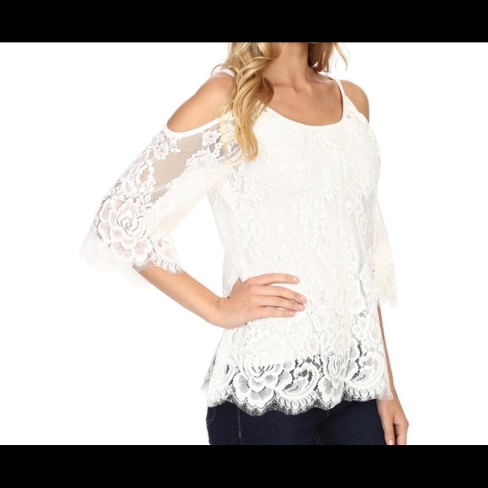 Karen Kane White Lace Cold-Shoulder Blouse